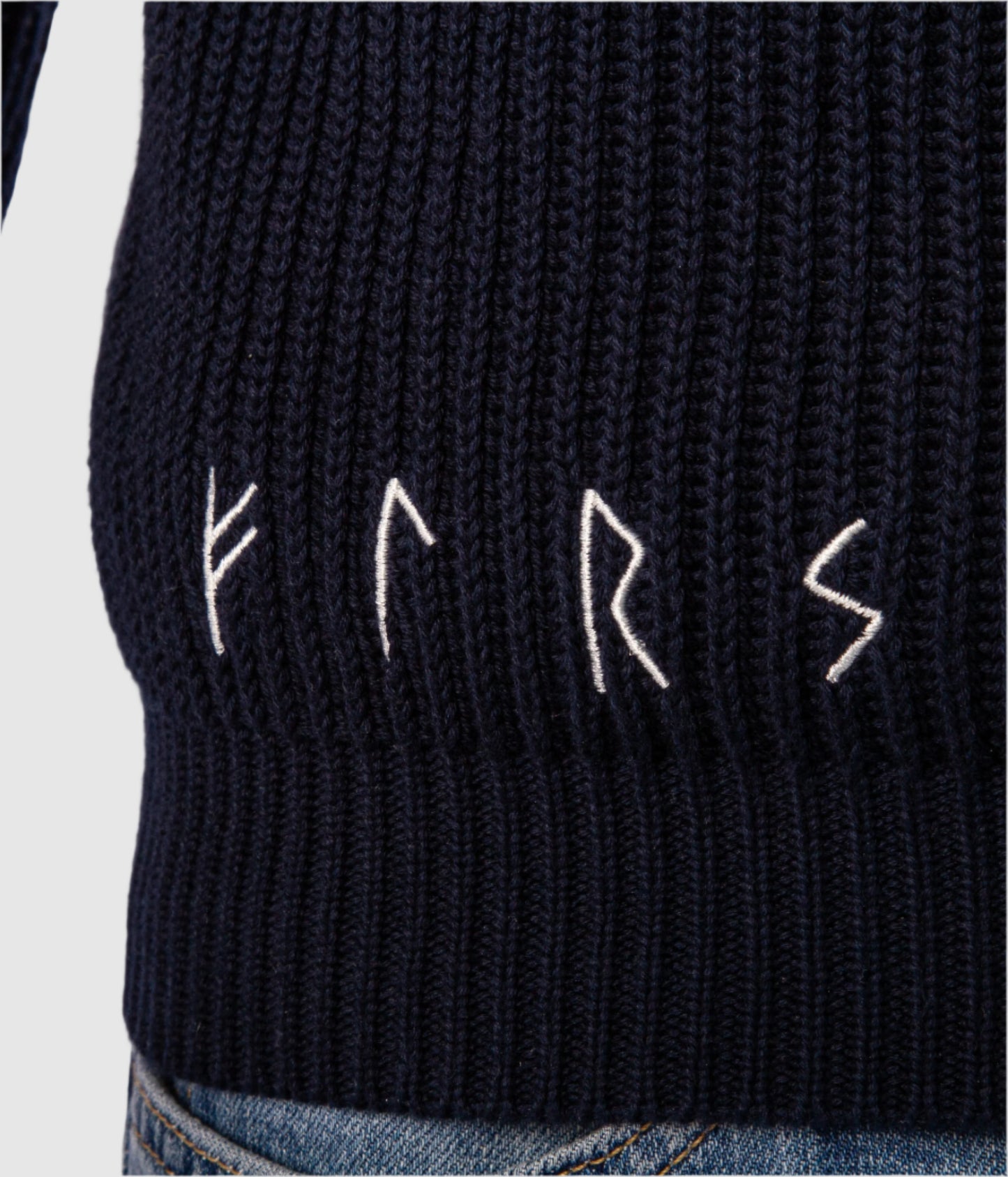 Rune embroidery detail navy blue half-zip sweater