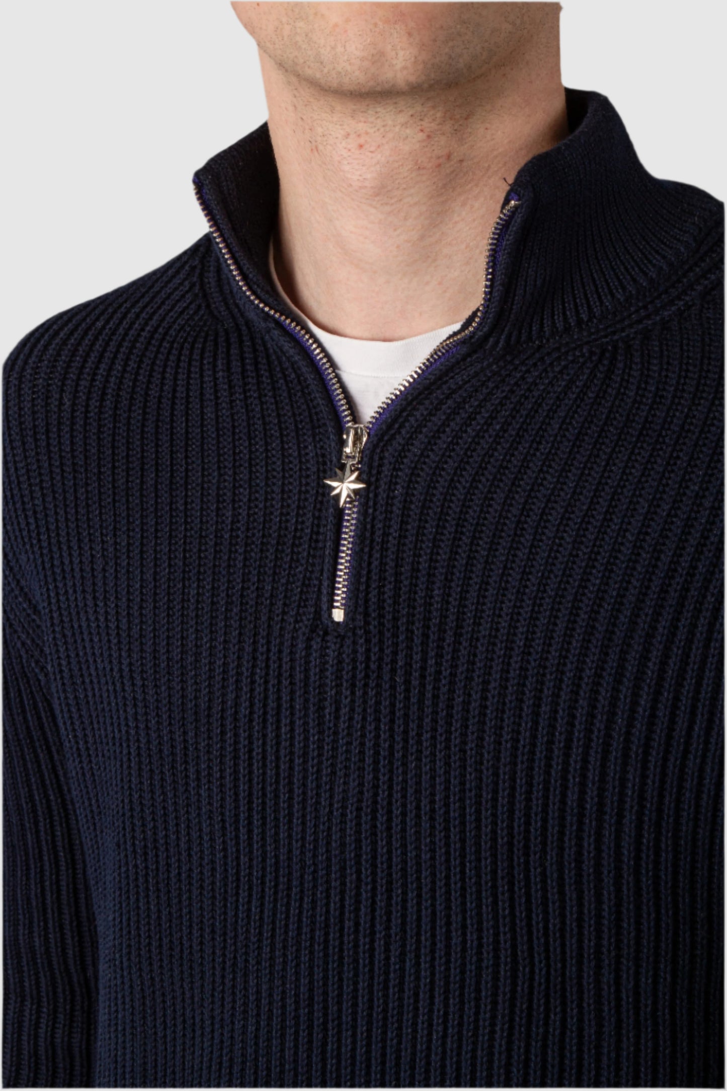 Navy blue half-zip sweater zipper focus detail