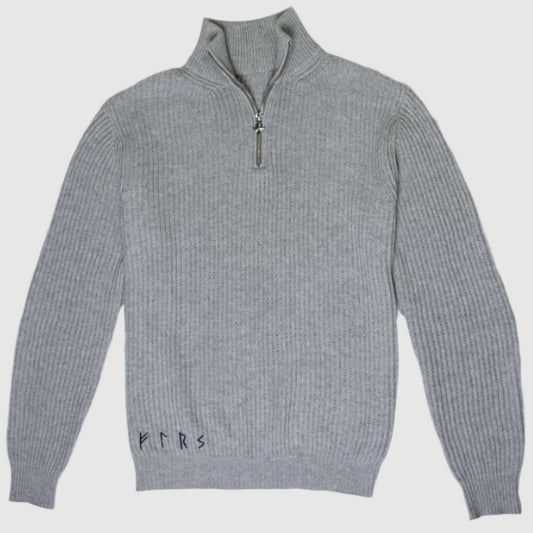 Njord men's ribbed half-zip cotton sweater gray flatlay