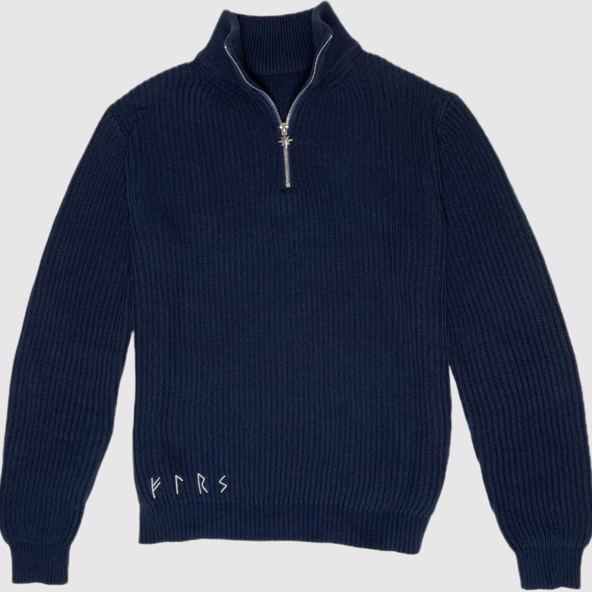 Njord men's ribbed half-zip cotton sweater navy blue flatlay