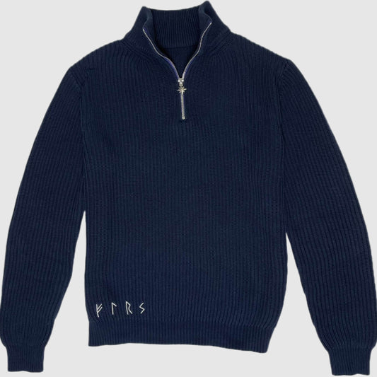 Njord men's ribbed half-zip cotton sweater navy blue flatlay